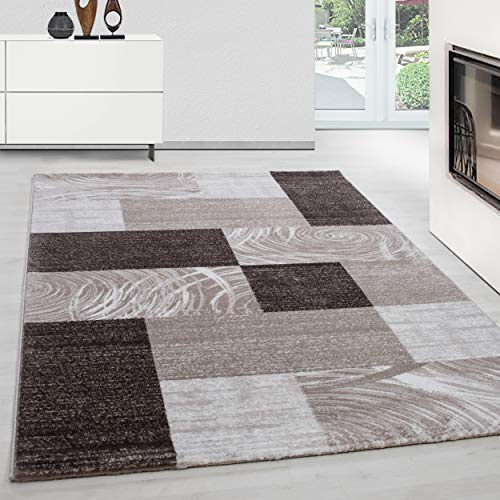 Teppium Moderner Kurzflor Teppich Wohnzimmer 250x350 (240 x 340 cm) Braun - Teppich Waschbar, Abstrakt Kariert Design, Pflegeleicht und Weich - Ideal für Schlafzimmer, Esszimer und als Küchenteppich