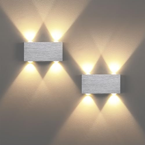 Lightsjoy 2er LED Wandleuchte Innen Silber Wandlampen Innen Modern Up and Down Wandlicht Aluminium Wand Belechtung Flurlampe Flur für Schlafzimmer Korridor Wohnzimmer Treppe usw Warmweiss
