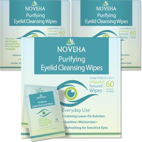 NOVEHA Lingettes nettoyantes pour paupières et cils | Lingettes nettoyantes pour les paupières et les cils, apaisantes pour les yeux sensibles, (60 paquets de 3)