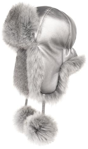 Futrzane Cappello Aviatore - Colbacco in Pelle con Pelliccia Sintetica da Donna (S, Argento - Argento Siberian)