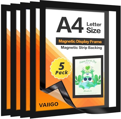VAIIGO Cornice Magnetic Espositiva 5 Pezzi Cornici Magnetiche A4 Poster Documenti e Avvisi Espositori per frigoriferi, superfici metalliche, Formato A4, Nero