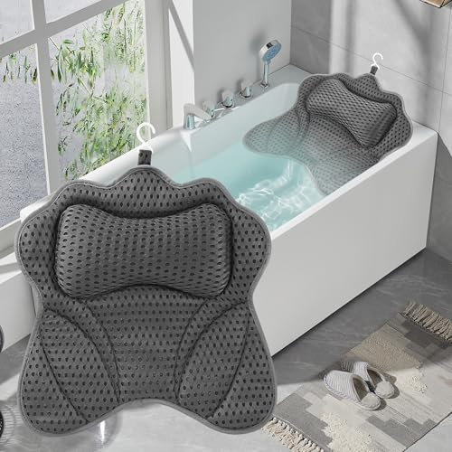 Badewannenkissen, Badewannenkissen Nacken, Nackenkissen für Badewanne mit 6 Saugnäpfen, mittels 4D-Air-Mesh-Technologie, stützt Kopf, Nacken, Schultern, Rücken, passend für alle Badewannen (Grau)