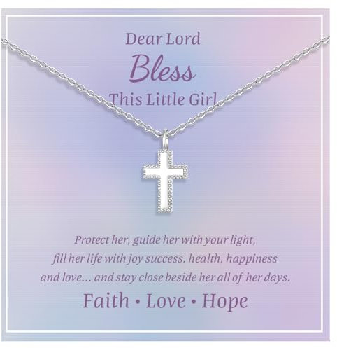 FLHEART Sterling Silver Cross Necklace for Kids - Dainty Cross Pendant Necklace Christening Gift for Godchild, Easter First Communion Confirmation Baptism Gifts for Boys Girls (Girl, Silver)