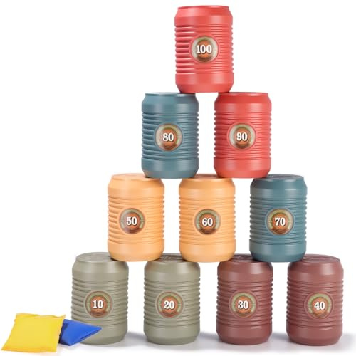 Juego de Lanzamiento de Bolsas de Judías para Niños, Juego de Lanzamiento de 10 Latas, un Saco de Arena y 2 Pelotas Amarillas, Juegos Exterior Niños Jardin, Juegos Infantiles Exterior, Juegos Jardin