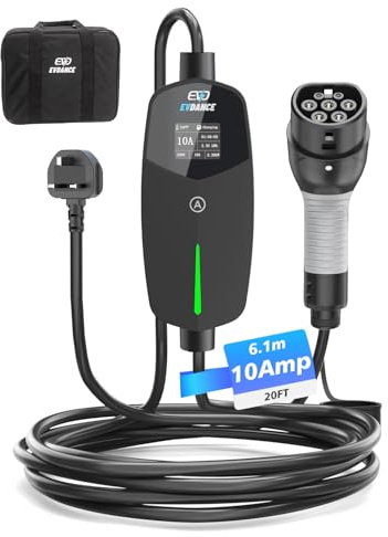 EVDANCE EV Charger Type 2 UK 3 Pin 20ft/6.1m [6/8/10A] Portable Electric Car Charger for EV & PHEV, Adjustable Current, IP66 Type 2 Charging Cable for Home & Travel, Black