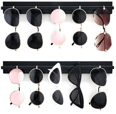 Mkono Wood Sunglasses Storage Organizer Wall Mounted Rustic Eyeglasses Display Holder Eyewear Glasses Jewelry Headband Hanging Rack for Entryway Living Room Bedroom, Set of 2, Black