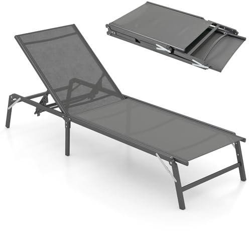 COSTWAY Folding Sun Lounger, 5-Level Adjustable Garden Reclining Chaise Lounge Chair Deck Sunbed, Portable Metal Frame Outdoor Sunbathing Recliner Seat for Patio, Balcony, Poolside and Beach, Grey