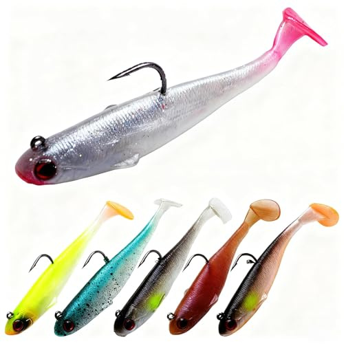 6PCS Soft Fishing Lures with Jig Head Hooks,Paddle Tail Pre-Rigged Sea Fishing Lures tackle Silicone Trout Swimbait with 3D Eyes for Saltwater Freshwater for Bass Trout Pike Perch 9cm/12.3g