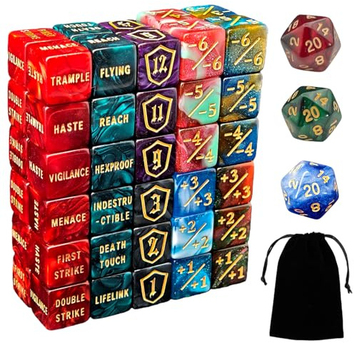 ZEOXUER 63 stycken MTG tärningsräknare – Ability Keyword räknare, -1/+1 livsräknare, skylt, D6-kuber, kompatibel med MTG, kortspelstillbehör (inklusive svart väska)