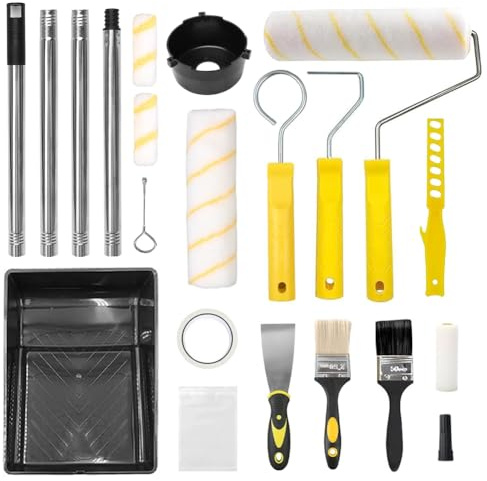 Set di rulli colorati con asta telescopica, set da 18 pezzi, tutto in un unico set, rullo colorato da parete piccolo e grande, asta telescopica da 1,2 m, nastro crespo, pennello per pittura
