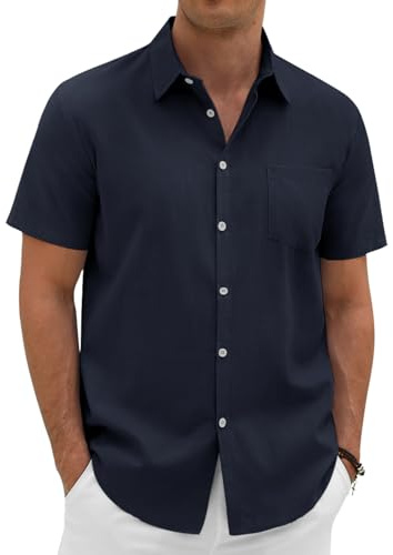 Xnova Mens Linen Cotton Shirts Summer Short Sleeve Shirt for Men Adult Regular Fit Beach Shirt with Pocket Casual Smart Button Down Tops for Holiday Work, Navy Blue, XL
