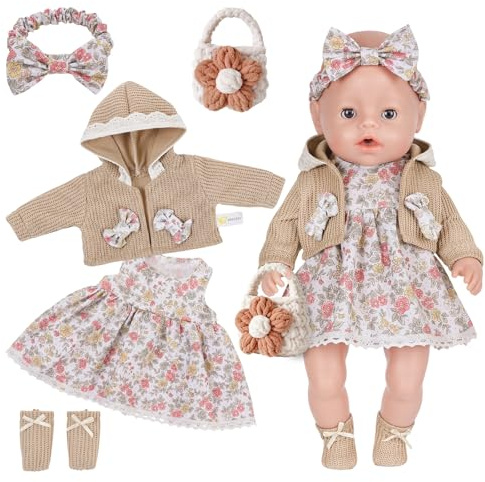 Baby Doll Clothes 35-43 cm - 4-Piece Doll Outfit Set with Dress, Cardigan, Headband, Shoes, Flower Bag - Cute Floral Doll Clothes Set for 14-17 Inch Baby Dolls, Doll Accessory Gift for Girls