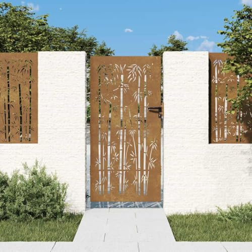QUAHEAS Cancello da giardino in acciaio Corten, 85 x 200 cm, design bambù, chiudibile, robusto, antiruggine, resistente alle intemperie, cancello di recinzione per giardino anteriore, proprietà di