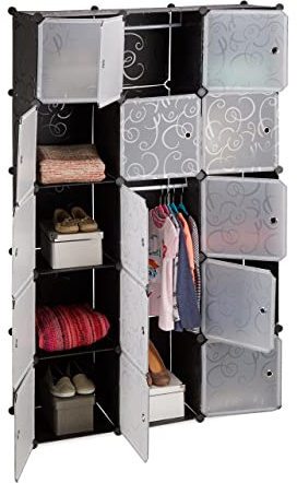 Relaxdays Regalsystem Kleiderschrank mit 11 Fächern, Garderobe mit 2 Kleiderstangen, DIY Kunststoff Steckregal, schwarz, 37 x 110 x 181 cm