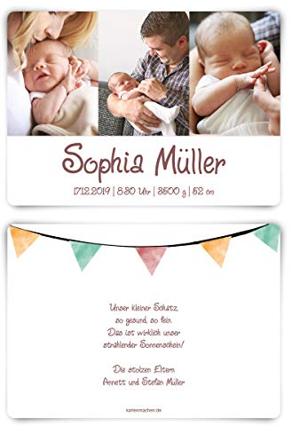 30 x Geburt Danksagungskarten Geburtskarten individuell mit Foto und Text für Mädchen und Jungen - Aquarell Wimpel