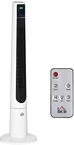 HOMCOM 118,2 cm Turmventilator mit Fernbedienung 3 Modi 3-Stufen und Geschwindigkeiten Ventilator Standventilator LED Display 220-240V 50 W 12 Std. Timer Weiß