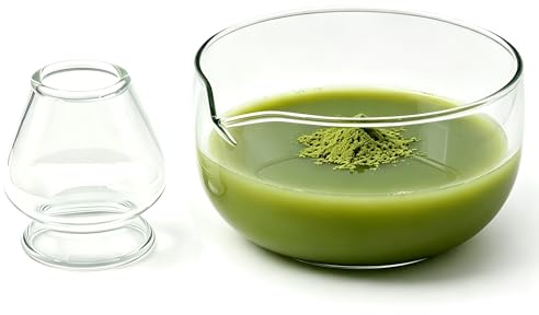 LamChyar Cuenco matcha (250 ml, vidrio, estilo japonés), juego de soporte para batidor para ceremonia de té