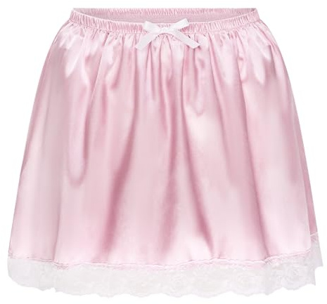 Satini Sissy Satin Lacy Dolly Skirt | Soft Smooth Fabric, Floral Frill Trim, Flirty A-Line Cut, Bow-Tie Elastic Waist, Sizes S-XXL