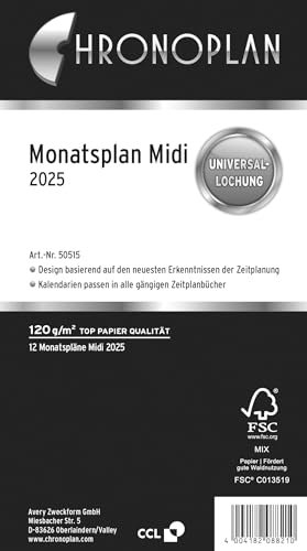 Chronoplan 50515 Kalendereinlage 2025 (Monatsplan Midi (96x172mm), Ersatzkalendarium für Terminplaner, Monatsplaner, für detaillierte Monatsplanung, 1 Monat auf 1 Seite, mit Universallochung) weiß