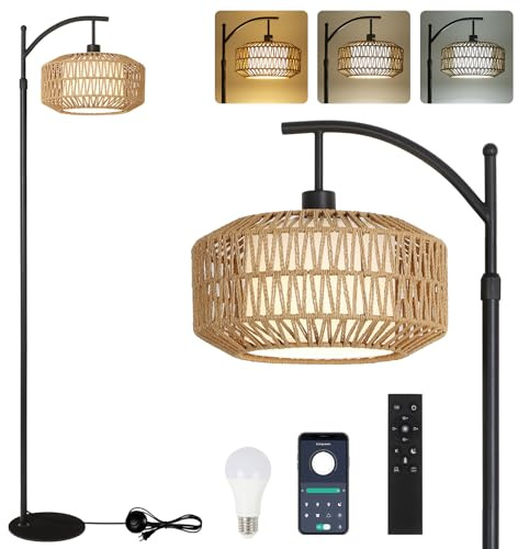 Rayofly Lámpara de pie de ratán para salón, lámpara de suelo regulable con mando a distancia, aplicación de control, lámpara de suelo Boho con pantalla de ratán, lámpara de pie moderna negra