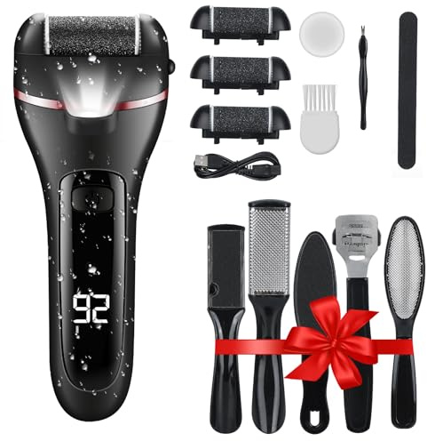 Electric Foot File Foot Callus Remover, Pedicure Kit Tools,Waterproof Foot Scrubber Dead Skin Remover with 3 Roller Heads & 2-Speed Power Pedicure Tools for Feet Hands Heel (Black)