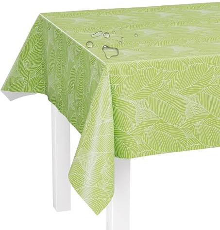 LILENO HOME Bordsduk, tvättbar som metervara 220 x 140 cm (skärkant) i grafiska blad grönt motiv – vaxduk vattenavvisande perfekt som bordsduk eller bordslöpare för öltält-set