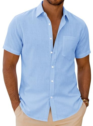 siliteelon Mens Linen Shirts Short Sleeve Summer Shirt Regular Fit Casual Cotton Holiday Beach Tops with Pocket