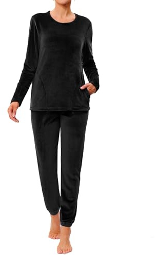 Wayleb Pijama Terciopelo Mujer Invierno Manga Larga Conjunto Chándal Cuello Redondo Cálido Suave Cómodo Ropa de Dormir para Casa