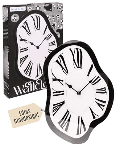 Out of the blue Glas-Wanduhr „Melting Time“ - Surrealistisches Design - Hochwertiges Glasgehäuse - Maße 22 × 33 × 4 cm in Farbbox - für 1 Mignon-Batterie (AA) - Ideal für EIN modernes Zuhause