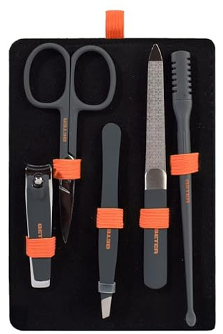 Beter - Kit de Viaje de Cuidado Personal Level Up Collection, Set de básicos con Cortapelos Nasal, Herramientas de Manicura Acero Inoxidable, Pinza de depilar y Neceser Compacto y Ligero, Orange