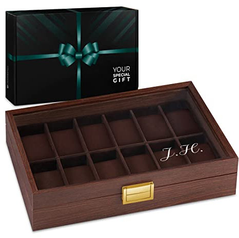 Maverton Boîte à Montres personnalisée - Coffret de rangement pour 12 montres - Couvercle avec gravure - Pour femme - 12 coussins amovibles - Cadeau Noel - Simplicité