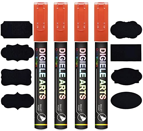 DIGIELE Marqueur Craie Orange, 4pcs Feutre Craie Liquide Orange 3mm + 16 Etiquettes Tableau, Effaçage par Chiffon Humide ou Sec, Pointe Réversible Ogive ou Biseau Marqueurs pour Tableau/Fenêtre/Verre