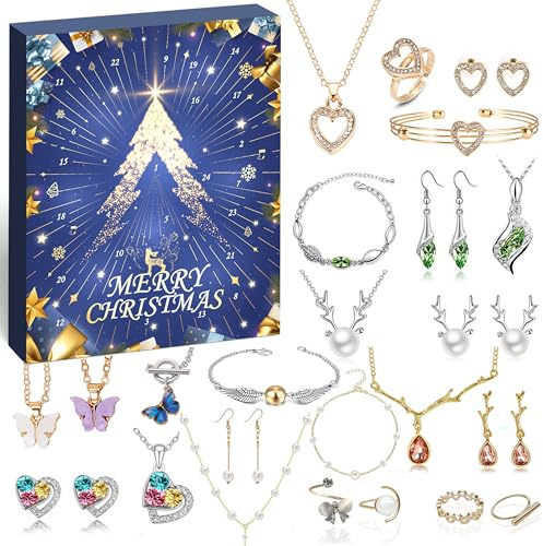 Schmuck Adventskalender Damen 2025 Mädchen Weihnachtskalender, 24 Überraschungen Armband Halskette Ring Ohrringe - Countdown Kalender Schmuck Set, Weihnachten Geschenk für Damen Mädchen.