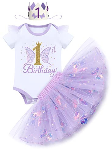 IBTOM CASTLE Tenue papillon pour 1er anniversaire bébé fille à manches courtes barboteuse tutu à paillettes jupe couronne bandeau ensemble 3 pièces robe tutu princesse gâteau premier anniversaire