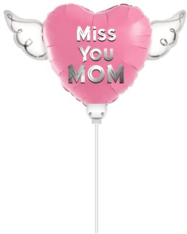 Heavenly Balloons Miss You Mom Balloon on a Stick - Pink 8 Heart with Angel Wings, Memorial Grave Decoration, In Loving Memory, Cemetery Remembrance Gift for Mom