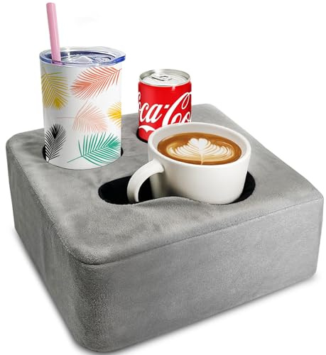Nisdoing Couch Cup Holder Pillow Tray & Caddy - for Sofa, Bed, Car, Man Cave | Keep Drinks at Hand & Spill-Proof Accessories for New Parents, Camping, Park, Boat, Beach, Bathroom Cup Holder, Gray