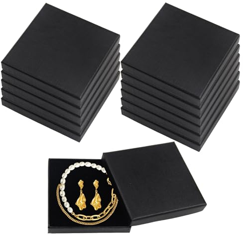 JINXIAN 12 Piezas Joyeros de Cartón Negro Caja de Regalo de Joyería Cajas de Papel Cuadrado con Tapa y Espuma para Pendientes Anillos Caja de Presentación de Embalaje (9x9x1.5cm)
