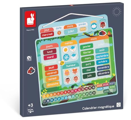 Janod - Calendrier Magnétique Version Française - 71 Magnets - Jeu Educatif - Mieux Appréhender la Notion du Temps et Gagner en Autonomie - Jouet en Carton FSC – Dès 3 Ans - J05466