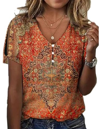 GRMLRPT Chemisiers Col en V de Plage Femme Blouses pour Femme Tunique Décontractée Vintage Tops Casual Manche Longue pour Quotidien (Multicolore,S-XXL)