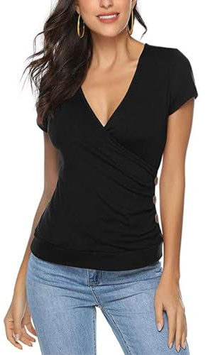 EMOTTOS Tops d'été à Boutons pour Femmes, Y2K Slim Fit V-Neck Cross Wrap Shirts, Chemise à col en V Profond, Crop Top Doux, Bouton Tunique Tops Blouse, Fashion Skinny Y2K Tee Shirt（Black-S）