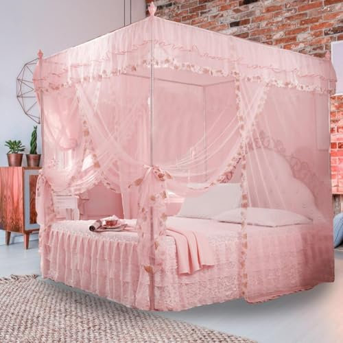 Uadme Luxury Princess Bed Curtain Canopy Netting Mosquito Net,Punch-free Installation Bed Net for Single or Double Bed Ideal,King Size Four Corner Post Curtains Bed Canopy for Decorative(Pink M)