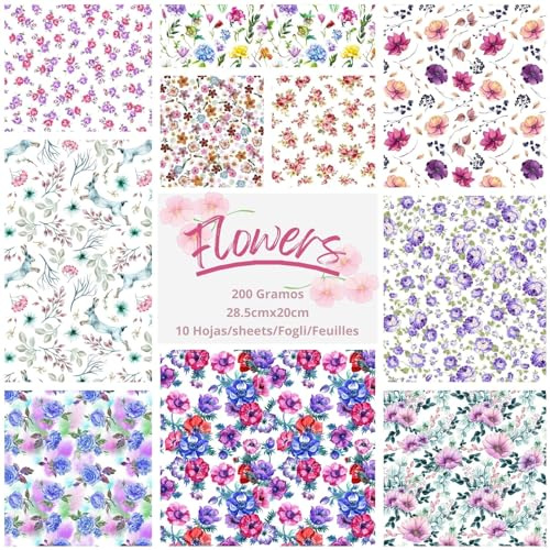 ASENME Papel de Scrapbook, papel Scrapbooking 200g, 10 hojas tamaño A4- Papel decorado (Flores 1, 10 Unidades)
