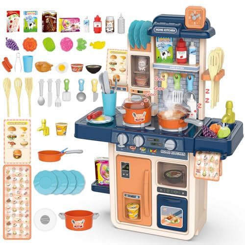 KalaDuck Spielküche Kinder, 42Stück Kinderküche Spielzeug mit Wasserfunktion, Dampf, Topfset, Backofen und Spielküche Zubehör, Rollenspiel Küchenset Kochen Weihnachten Geschenk Jungen Mädchen (Blau)