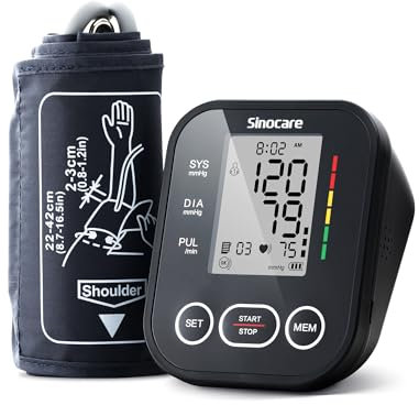 Sinocare Misuratore Pressione da Braccio, Macchinetta Pressione Digitale Sfigmomanometro Professionale con Funzione di Avviso dei Rischi e Bracciale Grande(22-42cm) per Monitoraggio Familiare