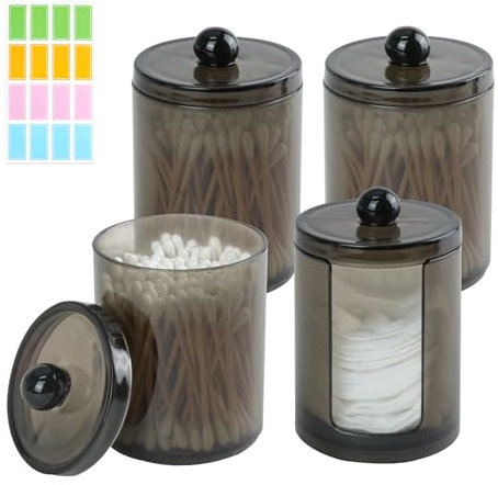DIBALIYI 4PCS Kunststoff Wattestäbchen Behälter, Schwarze Wattepadspender mit Deckel, Wattepads Aufbewahrung mit Sticker für Badezimmer Make up Zahnseide