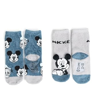 Disney Mickey Mouse 3D ABS Calcetines de peluche para niños – Calcetines mullidos de invierno para niños, antideslizantes, gris/azul (paquete de 2), gris/azul, 23-26