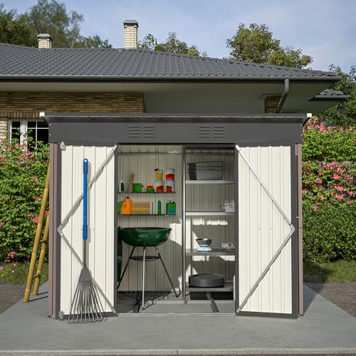 KOMHTOM 8x4 FT Abri de Jardin Métal avec Fondations en métal, Cabane de Jardin Extérieur avec Serrure, Rangement Outils de Jardi (Marron-8x4 FT)