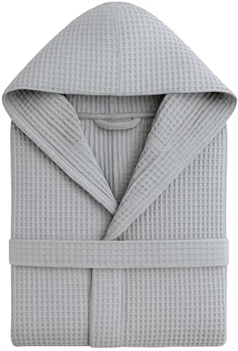 Peignoir Nid d'Abeille Femme et Peignoir Nid d'Abeille Homme en Coton avec Capuche Poches et Ceinture, Léger et pour Voyage S-XXXL, gris, S/M