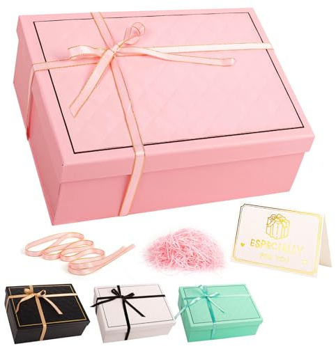 Rosa presentask med lock 25 x 18 x 9 cm medium/stora lyxiga presentaskar för presenter, tom kartong för födelsedag bröllop jul alla hjärtans dag presentförpackning för flickor hennes kvinnor med band