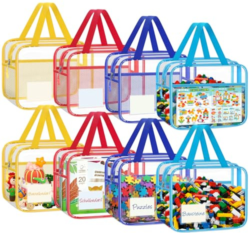 8 stycken färgglada PVC-förvaringspåsar för leksaker, toalett, med blixtlås, sidofickor av nätstof för badleksaker, pussel, byggstenar, 30 x 24 x 12 cm